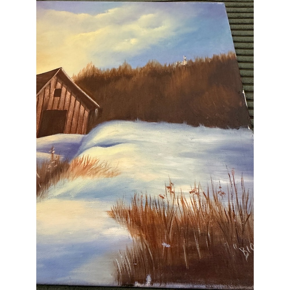 Vintage Barn Winter Landscape Oil Painting Signed‎ Big O 80 - Picture 7 of 10